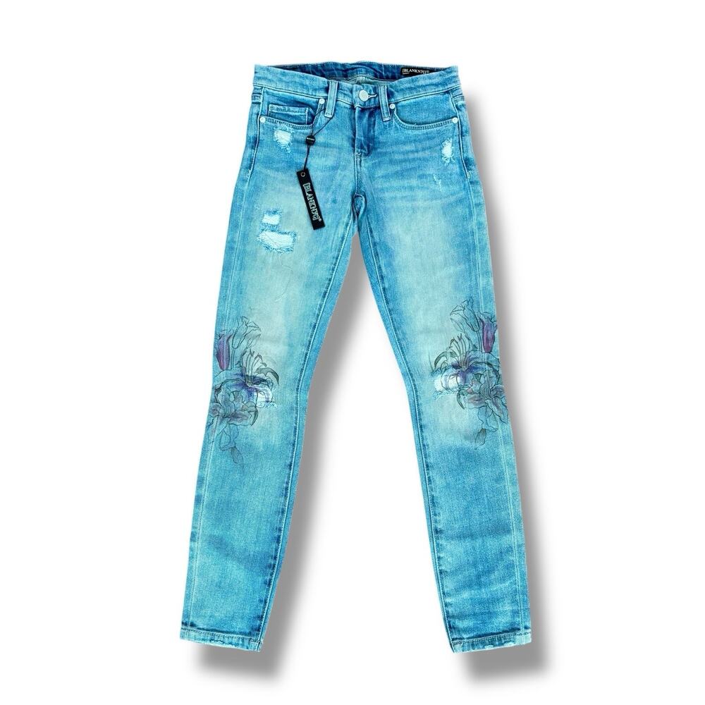NWT BlankNYC Size 24 High Rise Denim Distressed Floral Embellished Skinny Jeans